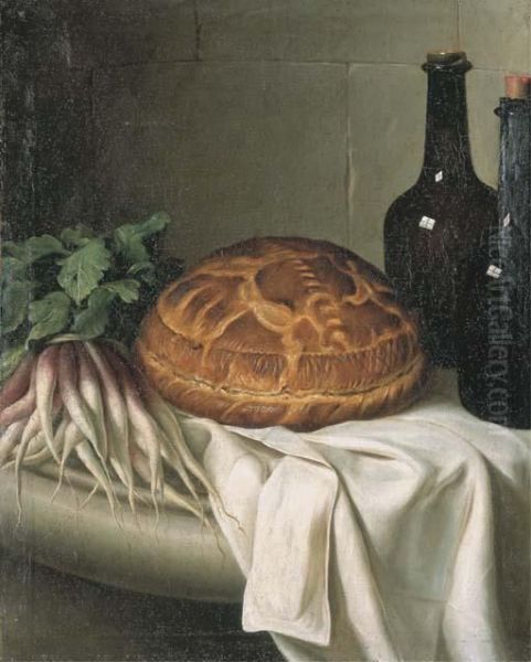 Nature Morte Au Pate En Croute, Aux Radis Et Aux Bouteilles Oil Painting by Claude Joseph Fraichot