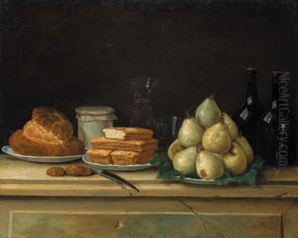 Pears And Bread On Plates, With Bottles Of Wine And Glasses On A Stone Ledge Oil Painting by Claude Joseph Fraichot