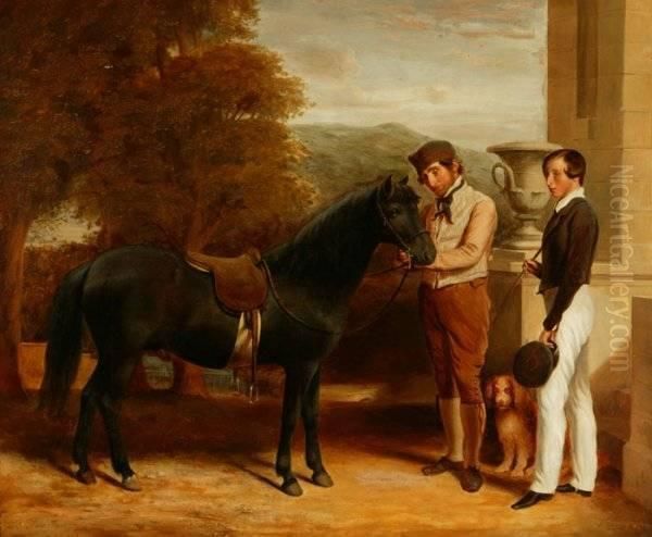 Portrait Of A Groom With A Youngman And His Pony Alongside A House Oil Painting by Robert Frain