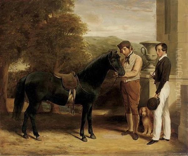 Portrait Of A Boy With His Pony, A Groom And A Spaniel Outside A House Oil Painting by Robert Frain