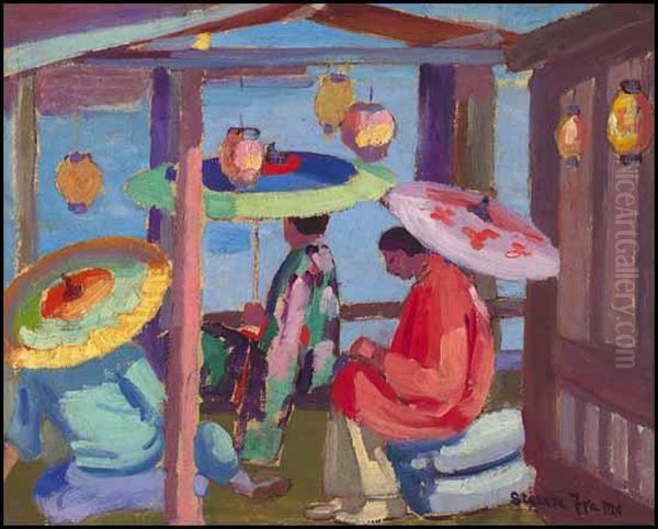 Chinatown Tea House Oil Painting by Statira E. Frame