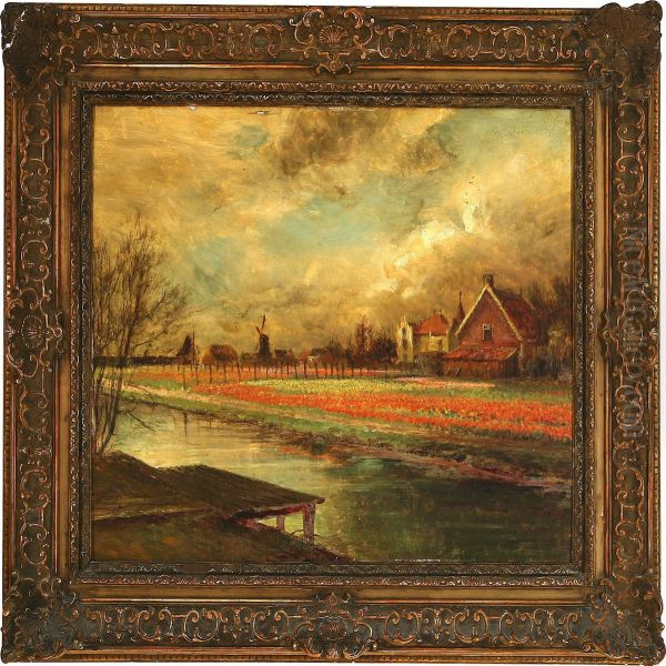 Tulip Fields At A Canal, Holland Oil Painting by Pierre Desire Eugene Franc Lamy