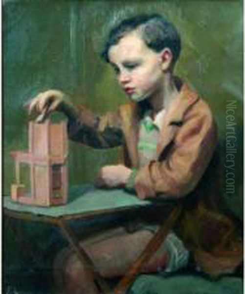 Jeune Garcon Au Jeu De Cubes. Oil Painting by France Leplat