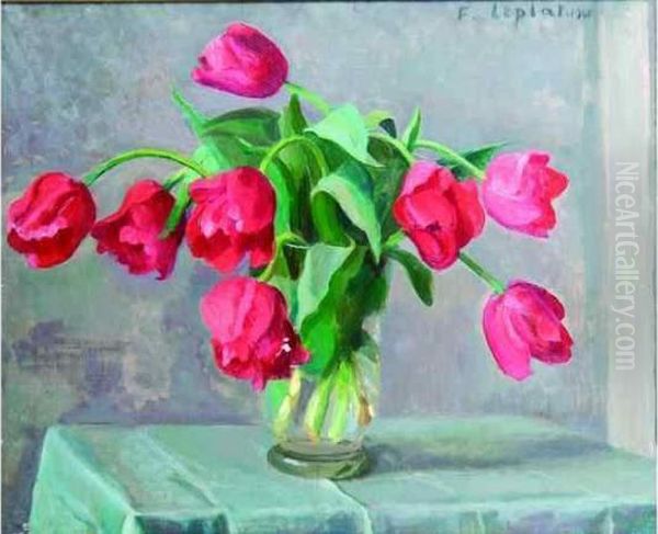 Composition Au Bouquet De Tulipes Rouges. Oil Painting by France Leplat