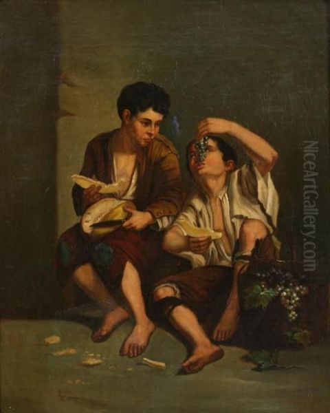 Boys Eating Grapes And Melon Oil Painting by Placido Frances y Pascual