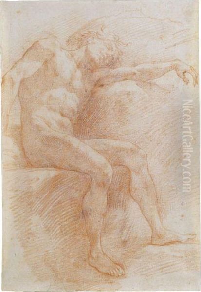 A Male Nude Sleeping, Seated And Resting Against A Rock Oil Painting by Baldassarre Franceschini