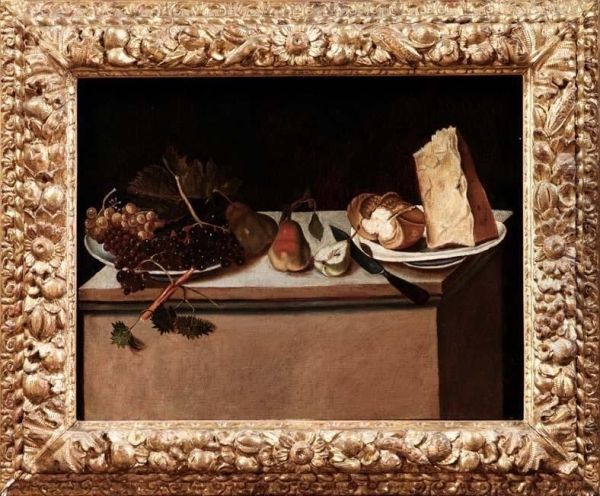 Natura Morta Con Pere, Piatto Con Uva, Coltello E Piatto Con Pane E Formaggio Oil Painting by Boneri Francesco