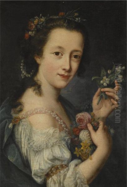 Portrait Of A Young Girl, Half Length, With Pearls In Her Hair,holding Flowers Oil Painting by Antonio Lucchese Franchi