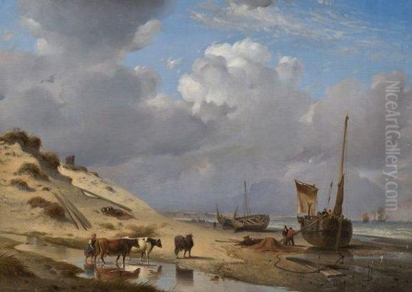 Paysage Cotier Avec Betail Et Barques Sur La Plage Oil Painting by Count Alexandre Thomas Francia