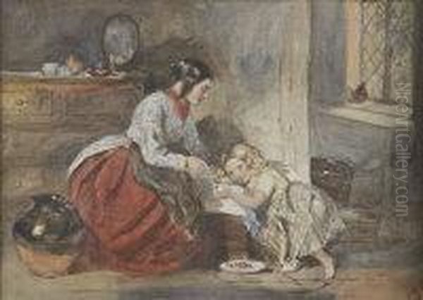 A Young Woman And Child, In An Interior Oil Painting by C.E. Francia