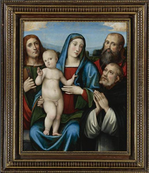 Madonna With Child And Saints John The Baptist, Paul And Dominic Oil Painting by Francesco Francia