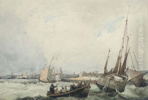 A Blustery Day Off The Harbour At Calais Oil Painting by Francois Louis Thomas Francia