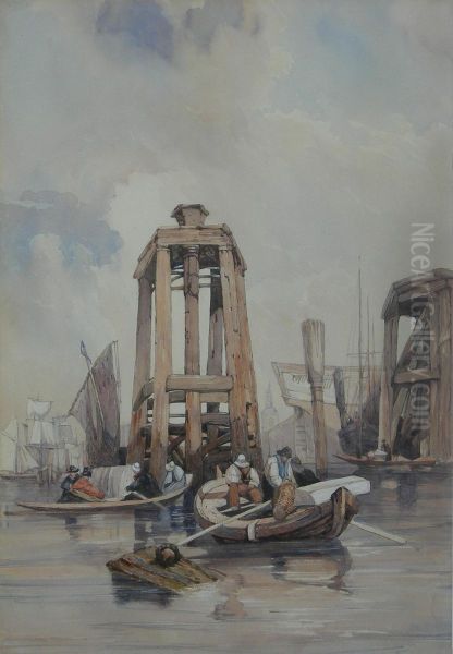 A Mooring Post And Boats In A Harbour Oil Painting by Francois Louis Thomas Francia