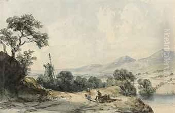 A Windmill In Cumberland With Two Figures Resting In Theforeground Oil Painting by Francois Louis Thomas Francia