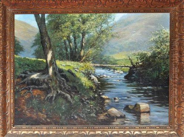 Tree Roots Along The Bank Of A River In Summer Sunshine Oil Painting by George Charles Francis