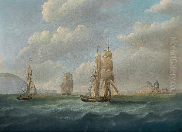 Shipping Passing Hurst Castle Heading Up The Solent, With The Needles Astern Of Them Oil Painting by Francis Sartorius