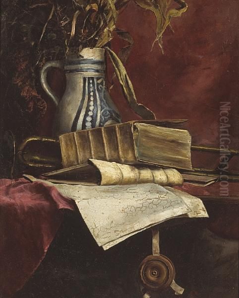 Still Life With Trombone And Books On Atable Oil Painting by John Bond Francisco