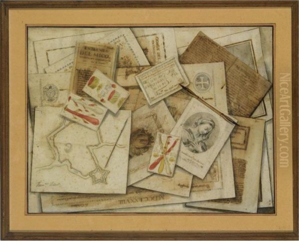 Trompe L'oeil Of Many Items Of Ephemera, Including Tarot Cards, And A Ground Plan Of A Fortification Oil Painting by Francisco Vidal