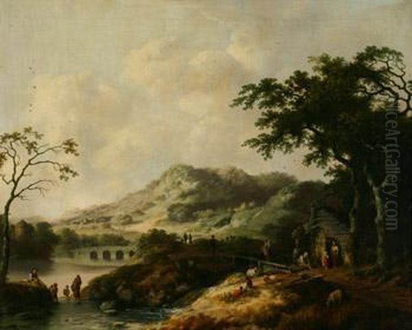 Figures At Work And Play Along A River Oil Painting by Christoffel Frederik Franck