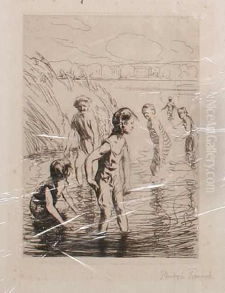 Children Playing In The Water Oil Painting by Philipp Franck