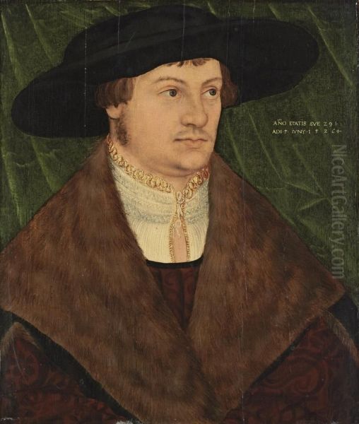 Portrait Of A Gentleman, Bust-length, In A Black Hat, A White Shirt With A Gold-trimmed Lace Collar And A Fur-lined Mantle, A Draped Green Curtain Behind Oil Painting by Simon Franck