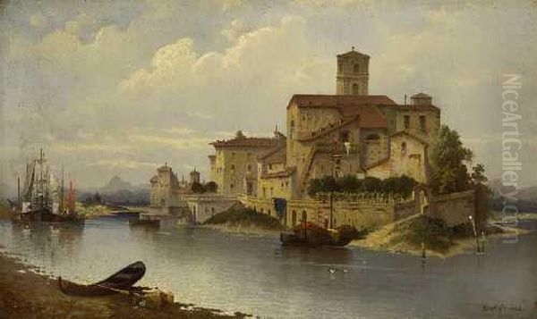 Blick Auf Ein Italienisches Stadtchen Am Ufer. Oil Painting by Carl Ludwig Francke