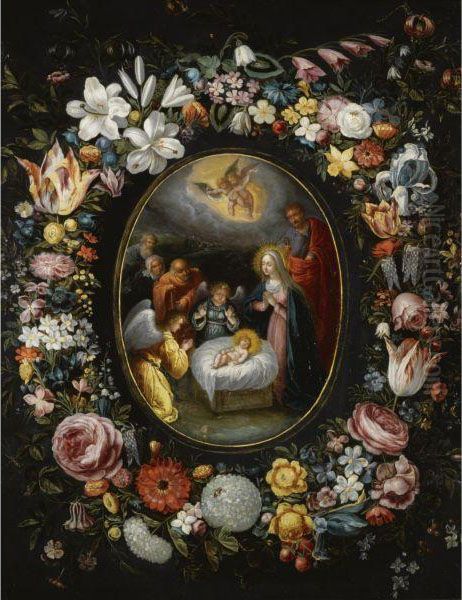 The Nativity Encircled By A Garland Of Roses, Parrot Tulips,lilies, Violets, Forget-me-nots, Lily Of The Valley And Otherflowers Oil Painting by Frans III Francken