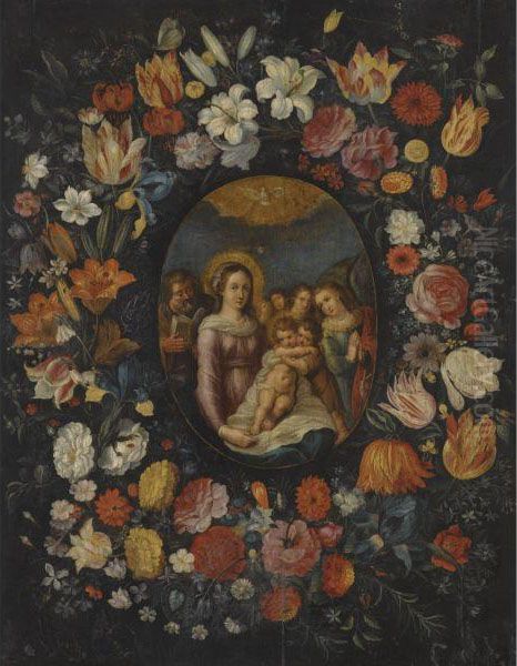 The Virgin And Child With Saint John The Baptist And Josephsurrounded By A Garland Of Flowers Oil Painting by Frans III Francken