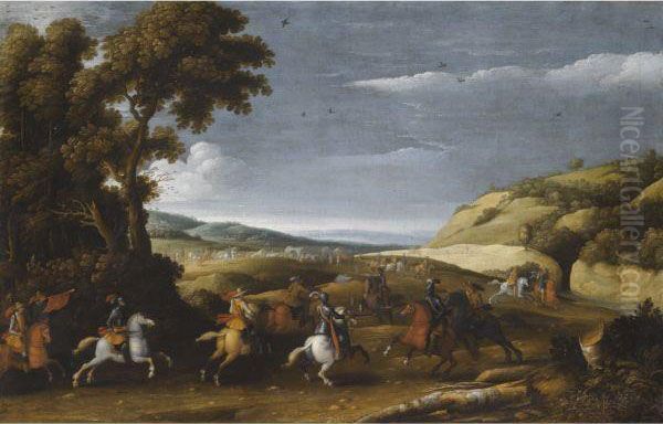 A Cavalry Battle Scene Within An Extensive Northern Landscape Oil Painting by Gabriel Francken