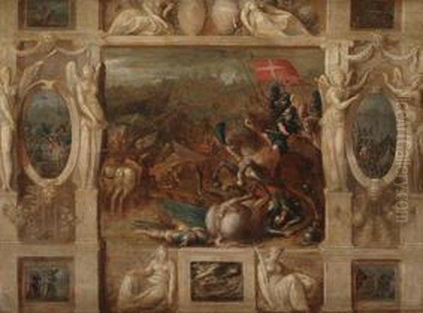 Escenas De Batalla Enmarcadas Por Figuras Alegoricas Y Arquitectura En Grisalla Oil Painting by Hieronymus II Francken