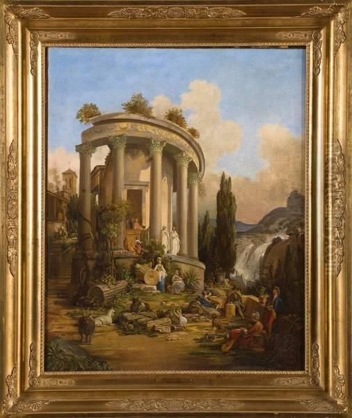 Temple De La Sybille Anime A Tivoli Oil Painting by Celestin Francois Nanteuil