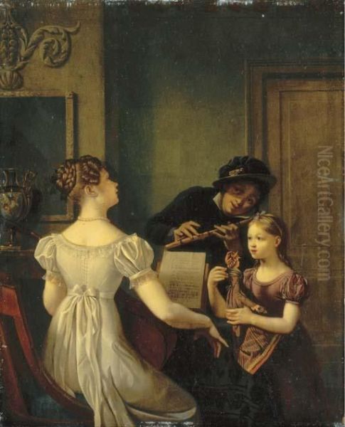 Elegant Company Playing Music In An Interior Oil Painting by Celestin Francois Nanteuil