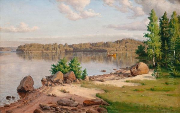 Row-boat On A Still Lake Oil Painting by Felix Frang Pahlama