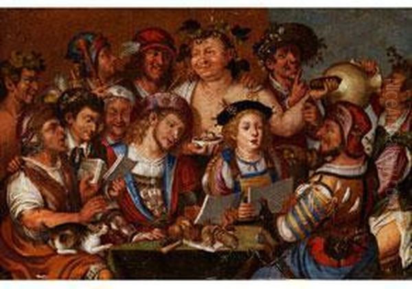 Singende Tischgesellschaft Mit Bacchus Bei Wein Und Wursten Oil Painting by Niccolo Frangipane