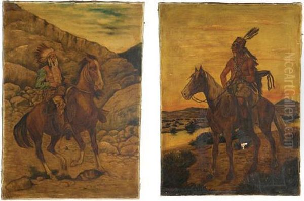 Indians On Horseback In Western Landscape Settings Oil Painting by Charles Frank