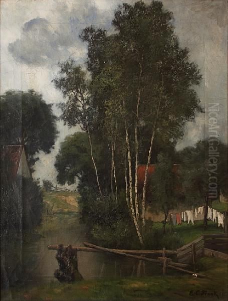 Cottages On The Banks Of A River Oil Painting by Eugene C. Frank