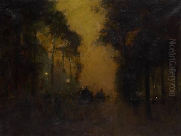 Boulevard Anime Au Coucher Du Soleil Oil Painting by Lucien Frank