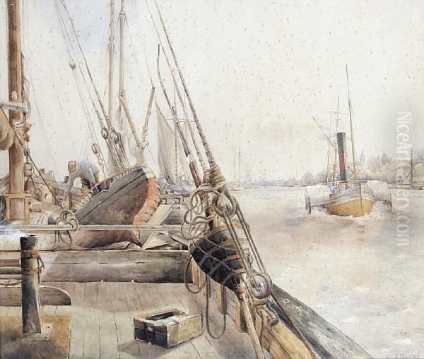 A Busy River Scene With Barges Oil Painting by Robert Frank Thirkettle