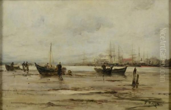 Barques Et Pecheurs A Maree Basse Devant Un Port Oil Painting by Frank Myers Boggs