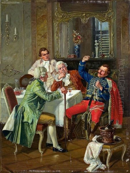 Herrenrunde Der Rokokozeit In Einem Salon Oil Painting by Albert Julius Franke