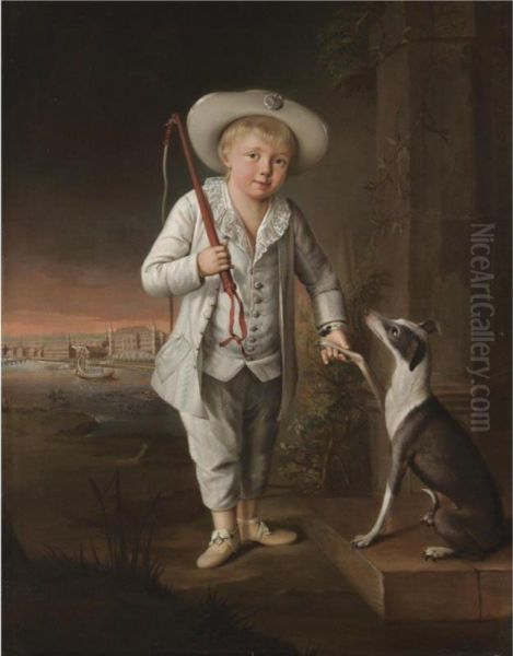 Portrait Of Christian Hohenzollern, Full Length, Wearing A White Costume And Hat, With His Pet Whippet By The River Oder, The Castle Of Schwedt Beyond Oil Painting by Johann Heinrich Chr. Franke