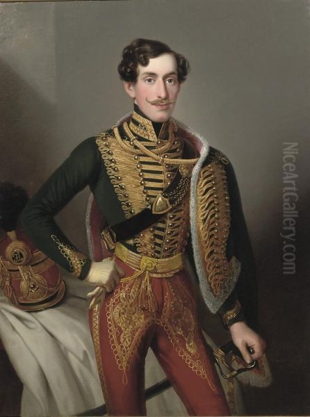 Portrait Of A Lieutenant Of The K.u.k. Husarenregiment Of Ferdinand Herzog Von Sachsen-coburg-gotha Oil Painting by Johann Frankenberger