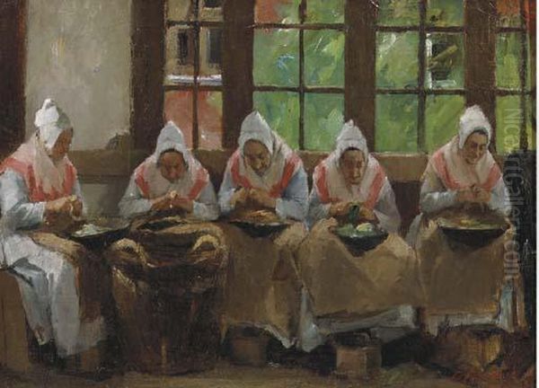 Peeling Potatoes At The Joodse Oudeliedengesticht In The Nieuwe Kerkstraat, Amsterdam Oil Painting by Eduard Frankfort