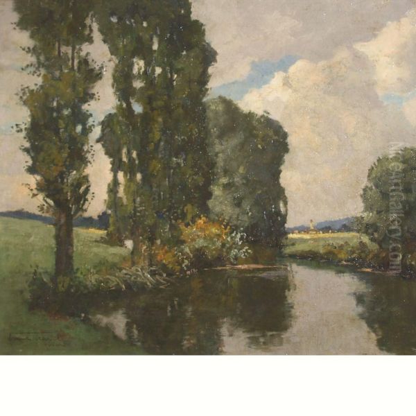 River Landscape With A Village In The Distance Oil Painting by Franz Frankl