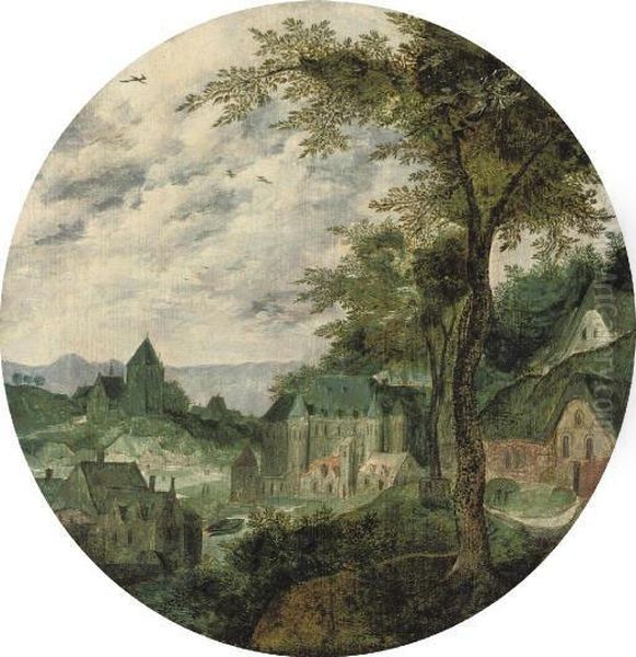 A River Landscape With A Town, A Palace And A Church Oil Painting by Frans Mostaert