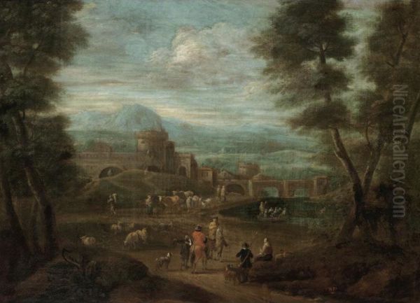 A River Landscape With Cavaliers Conversing In The Foreground, Classical Buildings Beyond Oil Painting by Adriaen Frans Boudewijns