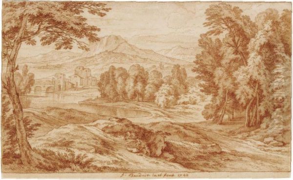 An Italianate Landscape With Woodland Leading To A Lake, And A Town In The Distance Oil Painting by Adriaen Frans Boudewijns