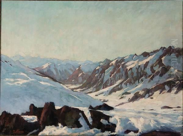 Snowy Mountain Landscape Oil Painting by Heinrich Franz