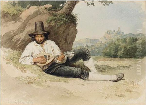 Joueur De Mandoline Dans La Campagne Romaine Oil Painting by Heinrich Franz