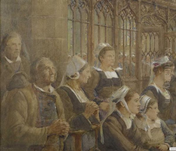 Gotisches Kircheninterieur Mit Betenden Frauen Und Mannern Oil Painting by Franzosisch